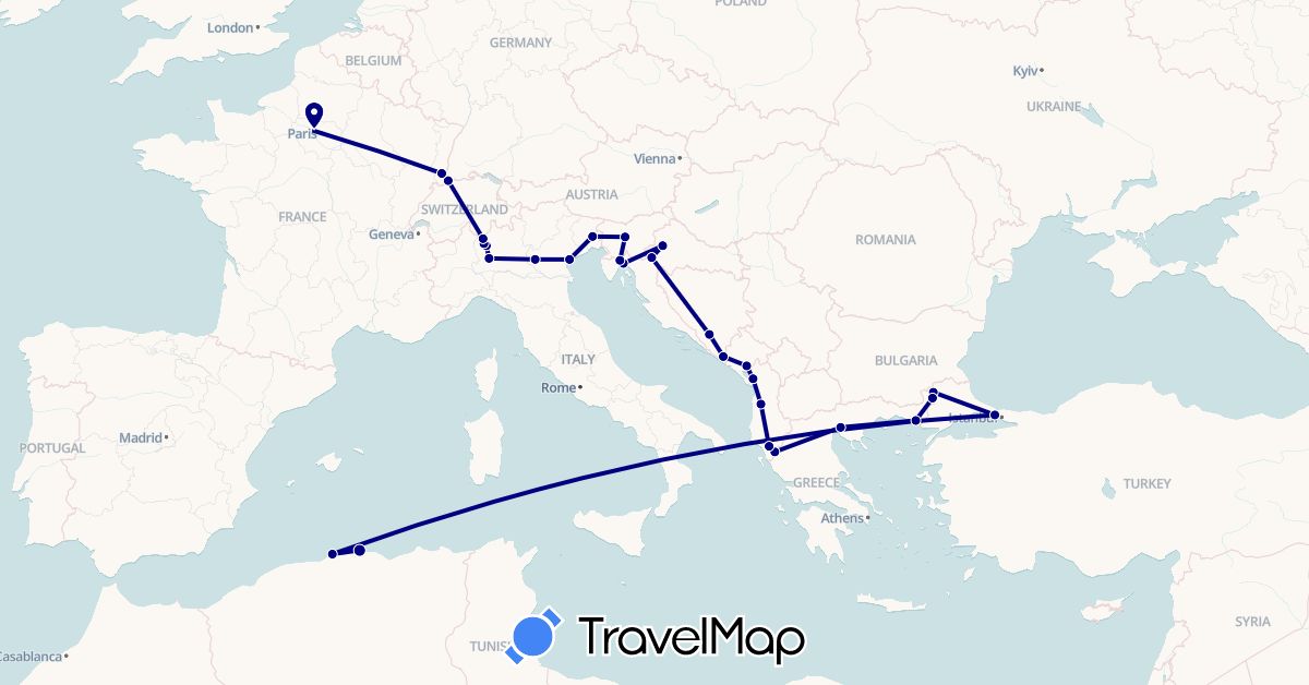 TravelMap itinerary: driving in Albania, Bosnia and Herzegovina, Switzerland, Algeria, France, Greece, Croatia, Italy, Montenegro, Slovenia, Turkey (Africa, Asia, Europe)
